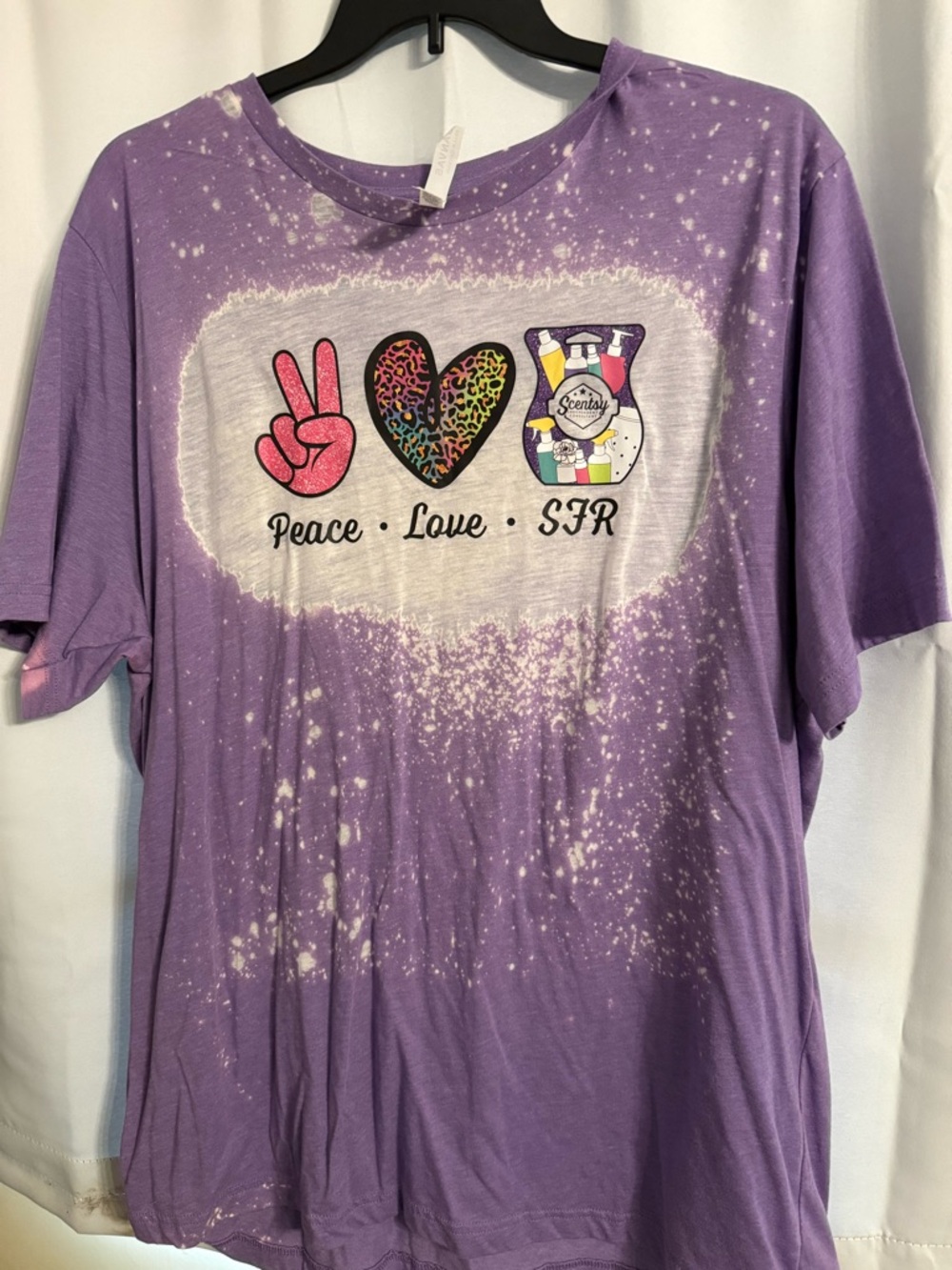Scentsy Purple Bleached Graphic Tee with Colorful Peace Love SFR Icons